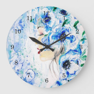 Flowers Girl Wall Clock - Blue Fantasy - Painting