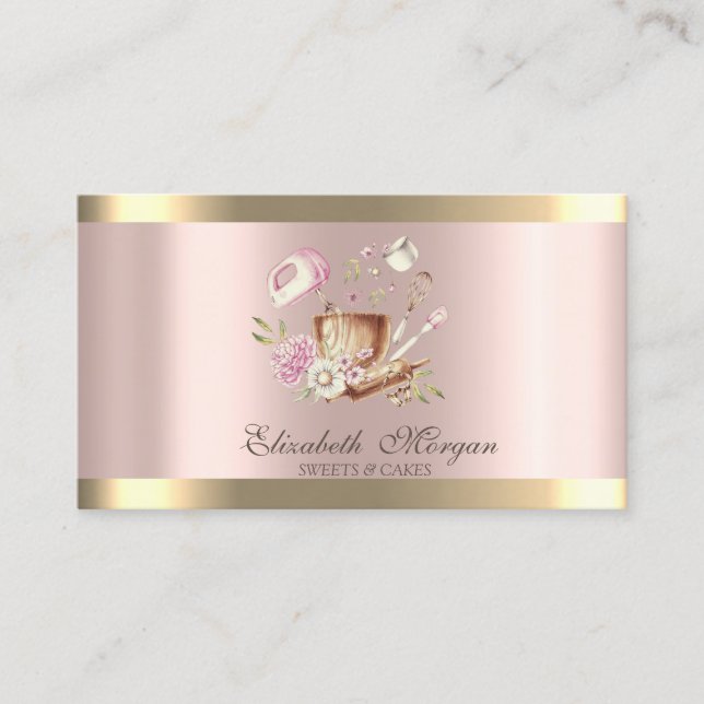 Flowers Gold Stripe Rose Gold Bakery Tools Business Card (Front)