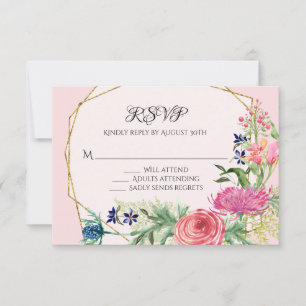  Flowers Gold Watercolor Geometric Pink Navy RSVP  Card