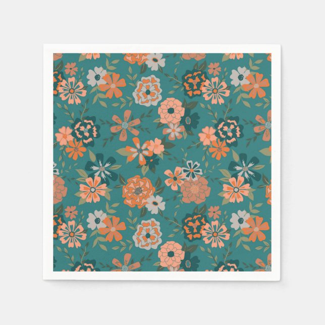 Flowers Green Orange Botanical Pattern Napkin (Front)