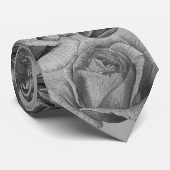flowers grey roses and rose buds floral monochrme tie (Rolled)