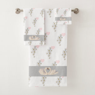 Flowers, Heart & Swan Couple on Black & Light Grey Bath Towel Set