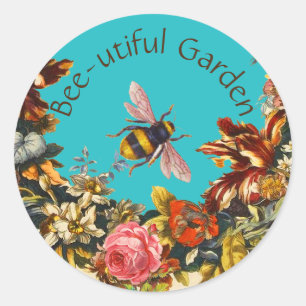 FLOWERS ,HONEY BEE IN BLUE SKY FLORAL BEEKEEPING CLASSIC ROUND STICKER