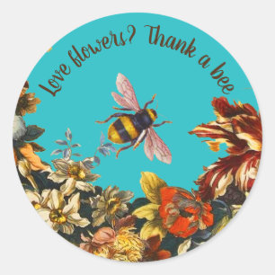 FLOWERS ,HONEY BEE IN BLUE SKY FLORAL BEEKEEPING CLASSIC ROUND STICKER