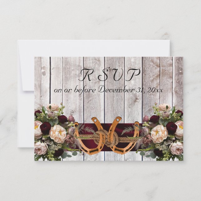 Flowers & Horseshoes, Burgundy Ribbon RSVP Card (Front)