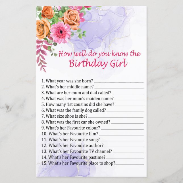 Flowers How well do you know the birthday girl (Front)