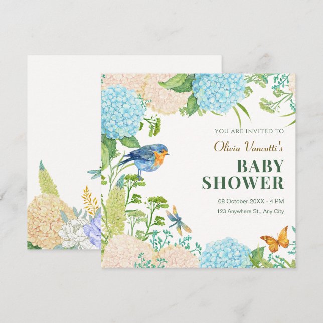 Flowers Hydrangea Bird Butterfly baby shower Invitation (Front/Back)