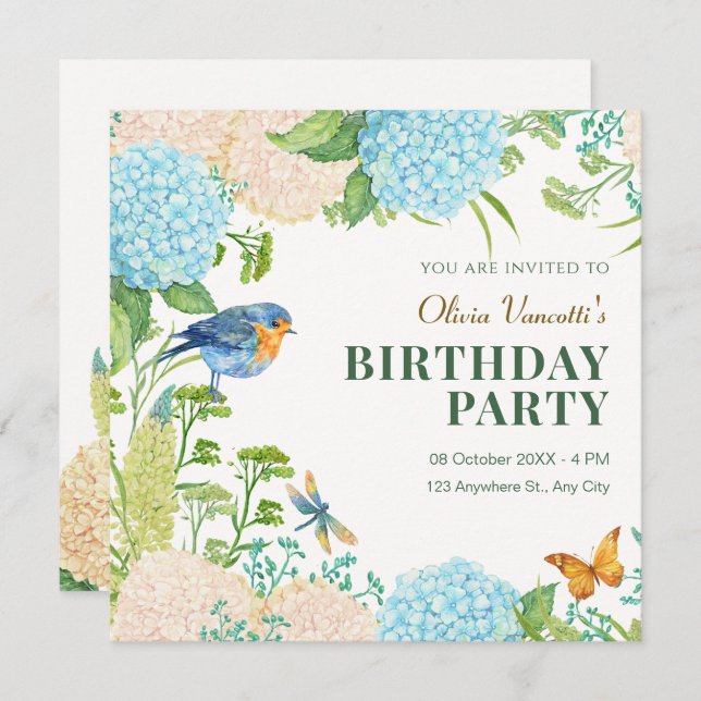 Flowers Hydrangea Bird Butterfly birthday Invitation (Front/Back)