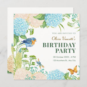 Flowers Hydrangea Bird Butterfly birthday Invitation