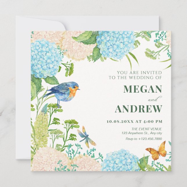 Flowers Hydrangea Bird Butterfly wedding Invitation (Front)