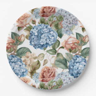 Flowers,hydrangeas,vintage roses,pink roses  paper plate