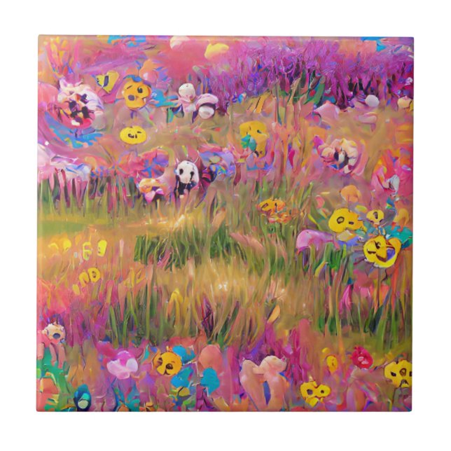Flowers in a field psychedelic digital art tile (Front)