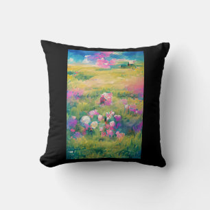 Flowers in a field purple pink white digital art  cushion