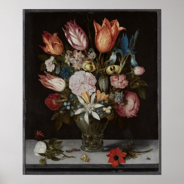 Flowers in a Glass, 1606 Ambrosius Bosschaert Oil Poster (Front)
