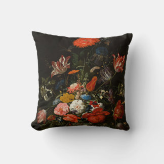 Flowers in a Metal Vase by Abraham Mignon Cushion