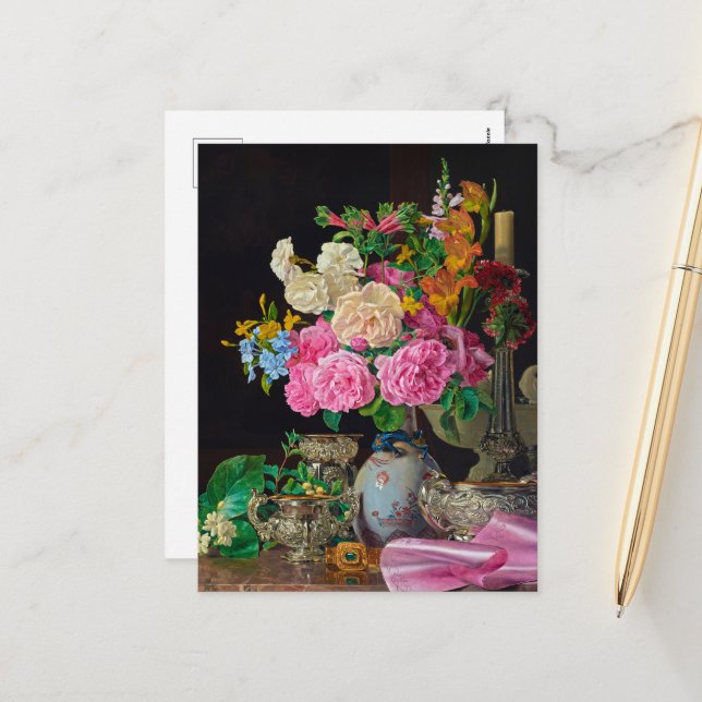 Flowers in a Porcelain Vase with Candlestick Holiday Postcard (Front/Back In Situ)