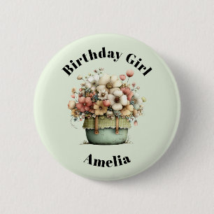 Flowers in a Pot Cosy Shabby Cute Birthday Girl  6 Cm Round Badge