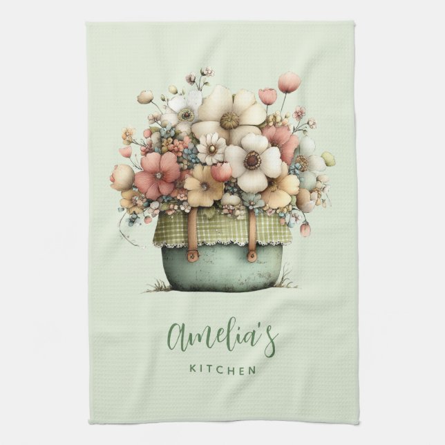 Flowers in a Pot Cosy Shabby Cute Tea Towel (Vertical)