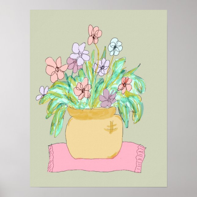 Flowers in a Pot in Pastel Poster (Front)