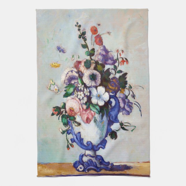 Flowers in a Rococo Vase, Paul Cezanne Tea Towel (Vertical)