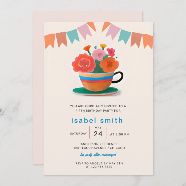 Flowers in a teacup Kids Birthday Party Invitation (Front/Back)