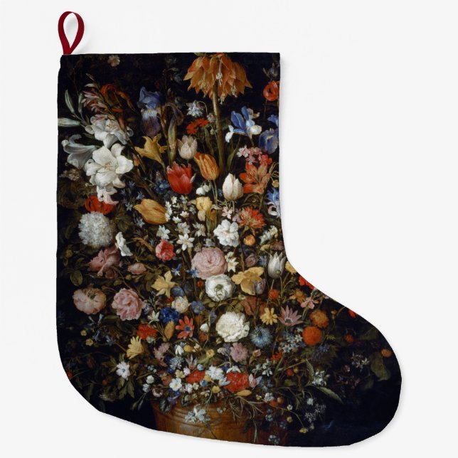 Flowers in a Wooden Vessel (by Jan Brueghel) Large Christmas Stocking (Front)