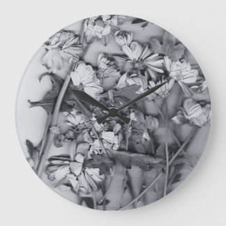 Flowers in Black and White Large Clock