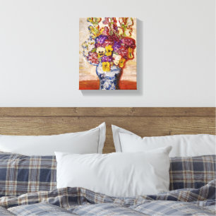 Flowers in Blue and White Vase on Orange Table Canvas Print