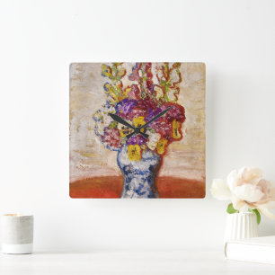 Flowers in Blue and White Vase on Orange Table Square Wall Clock