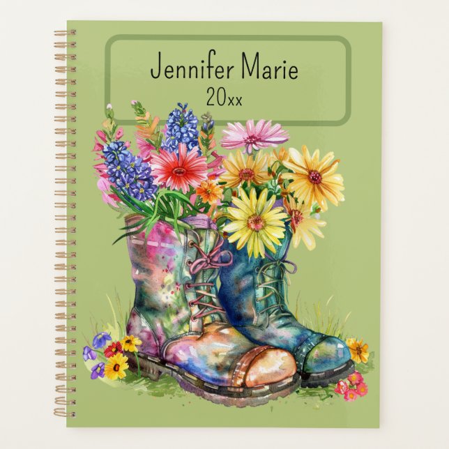 Flowers in Boots Personalise with Name, Year  Planner (Front)