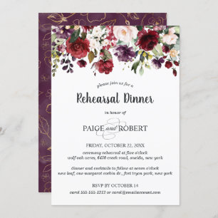 Flowers in Burgundy, Plum, Pink Rehearsal Dinner Invitation