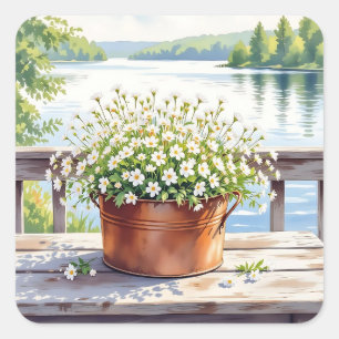 Flowers in Copper pot on Lakehouse Deck Square Sticker