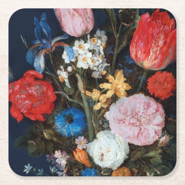 Flowers in Glass Vessel, Jan Brueghel the Elder Square Paper Coaster (Front)
