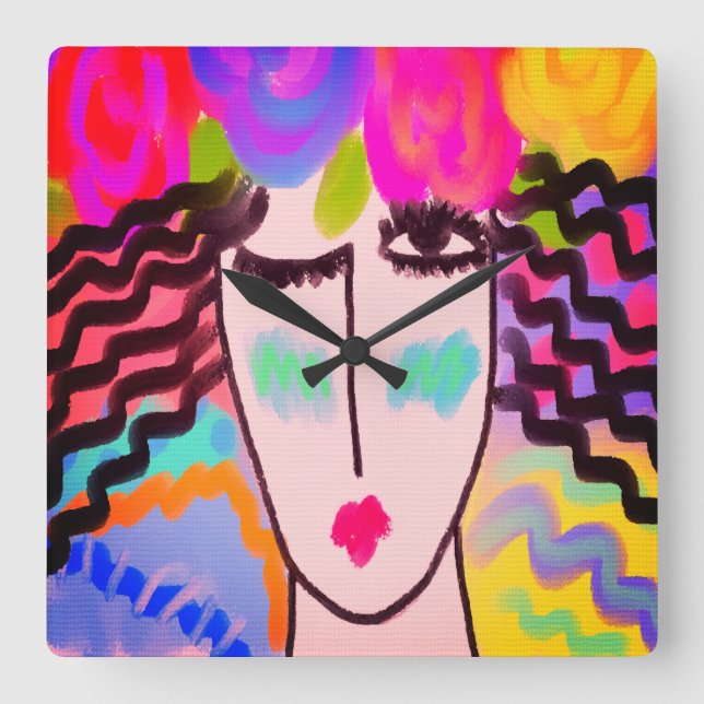 Flowers in Her Hair Abstract Art Square Wall Clock (Front)
