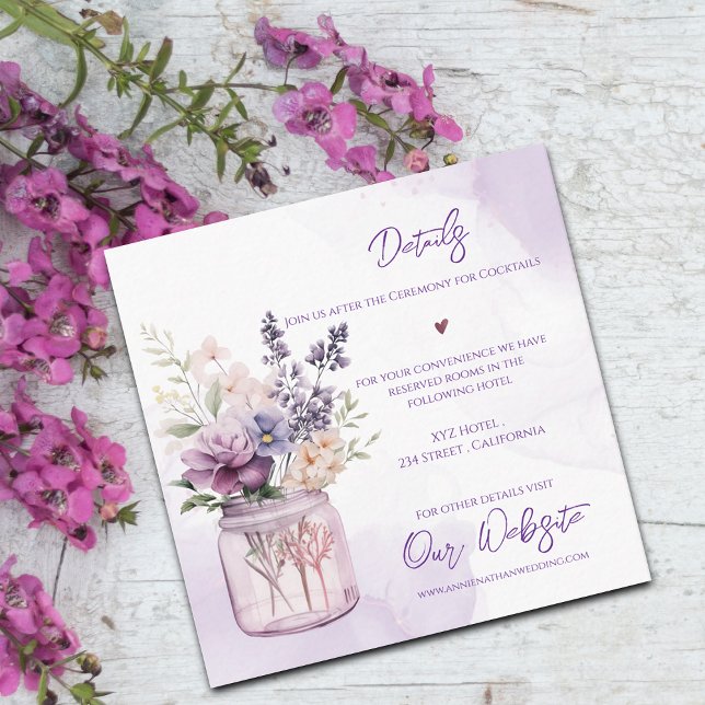 Flowers In Mason Jar Purple Floral Wedding Details Enclosure Card (Flowers In Mason Jar Purple Floral Wedding Details Enclosure Card)