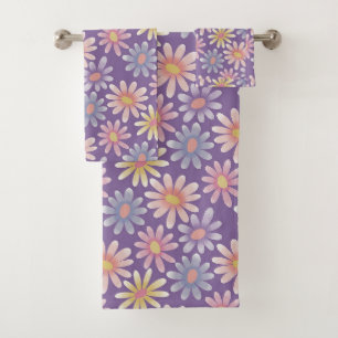 Flowers in Pastel Colours on Violet Bath Towel Set