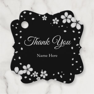 Flowers in Silver Grey on Black Thank You Favour Tags
