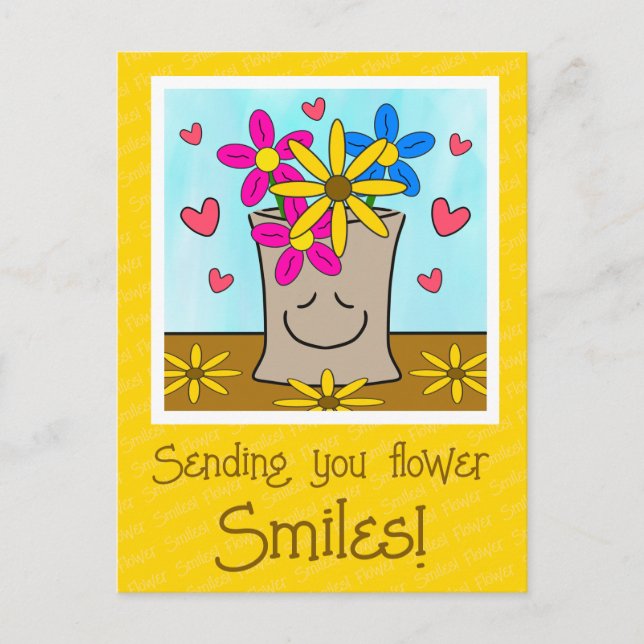 Flowers In Smiling Grocery Bag Thinking Of You Postcard (Front)