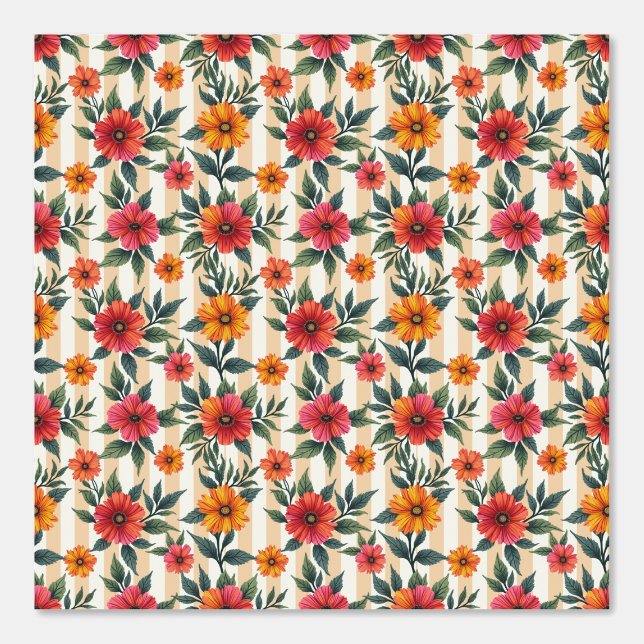 Flowers in Sunset Colours and Tan Stripes Wallpaper (Front)