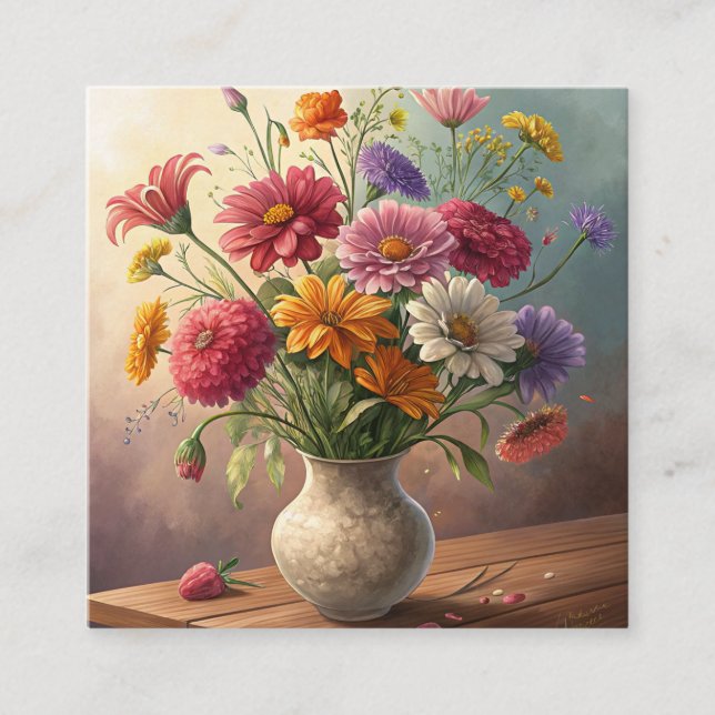 Flowers in vase square business card (Front)