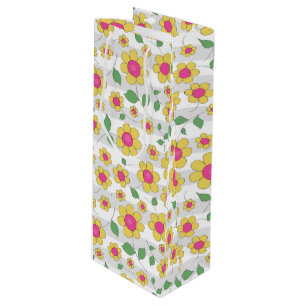 Flowers kids pink yellow happy spring doodles wine gift bag