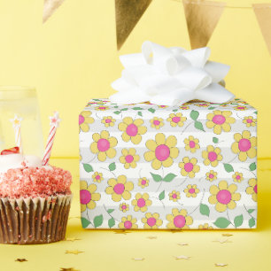 Flowers kids pink yellow happy spring doodles wrapping paper