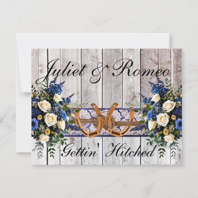 Flowers, Lace & Horseshoes, Blue Ribbon Invite (Front)
