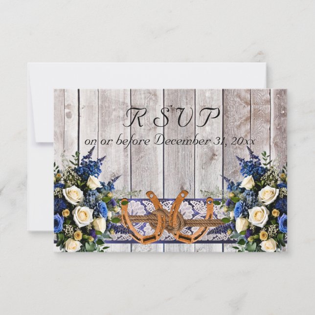 Flowers, Lace & Horseshoes, Blue Ribbon RSVP Card (Front)