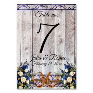 Flowers, Lace & Horseshoes, Blue Ribbon Table Number