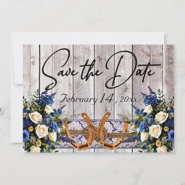 Flowers, Lace & Horseshoes Blue Ribbon Wedding Save The Date (Front)