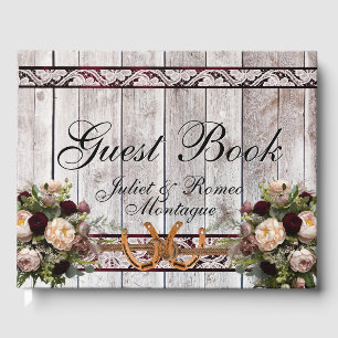 Flowers, Lace & Horseshoes, Burgundy Ribbon Guest Book
