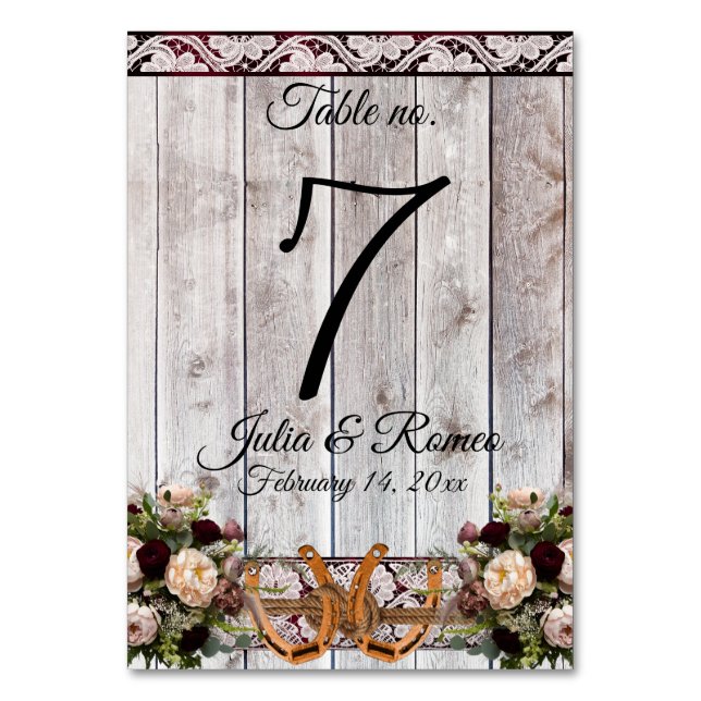 Flowers, Lace & Horseshoes, Burgundy Ribbon Table Number (Front)