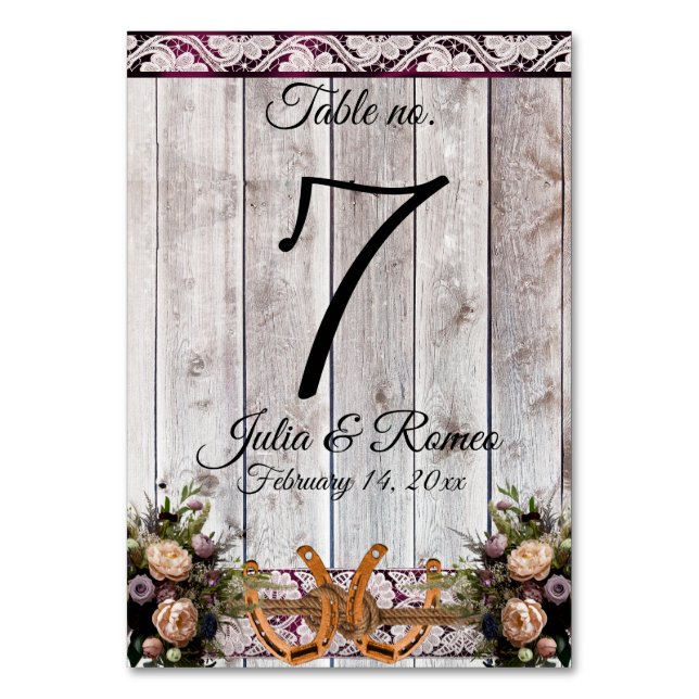 Flowers, Lace & Horseshoes, Purple Ribbon Wedding Table Number (Front)