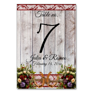Flowers, Lace & Horseshoes, Red Ribbon Table Number